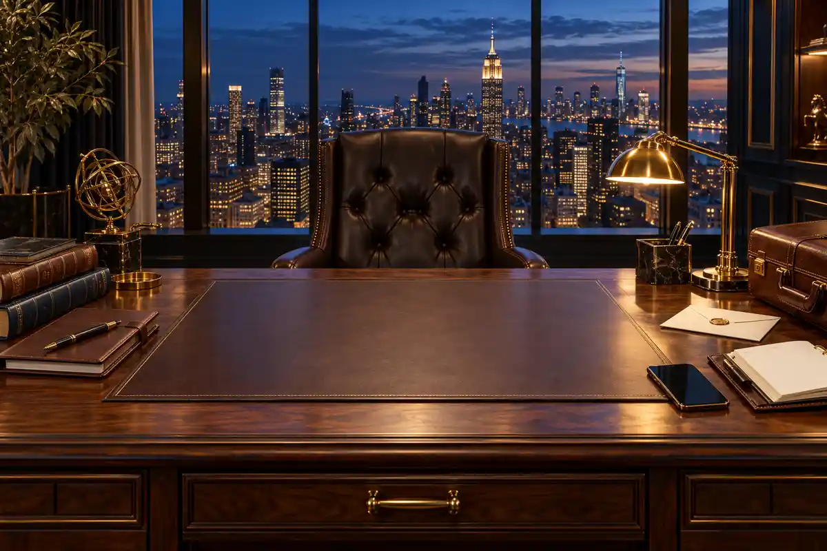 A luxurious dark executive desk overlooking a city at night